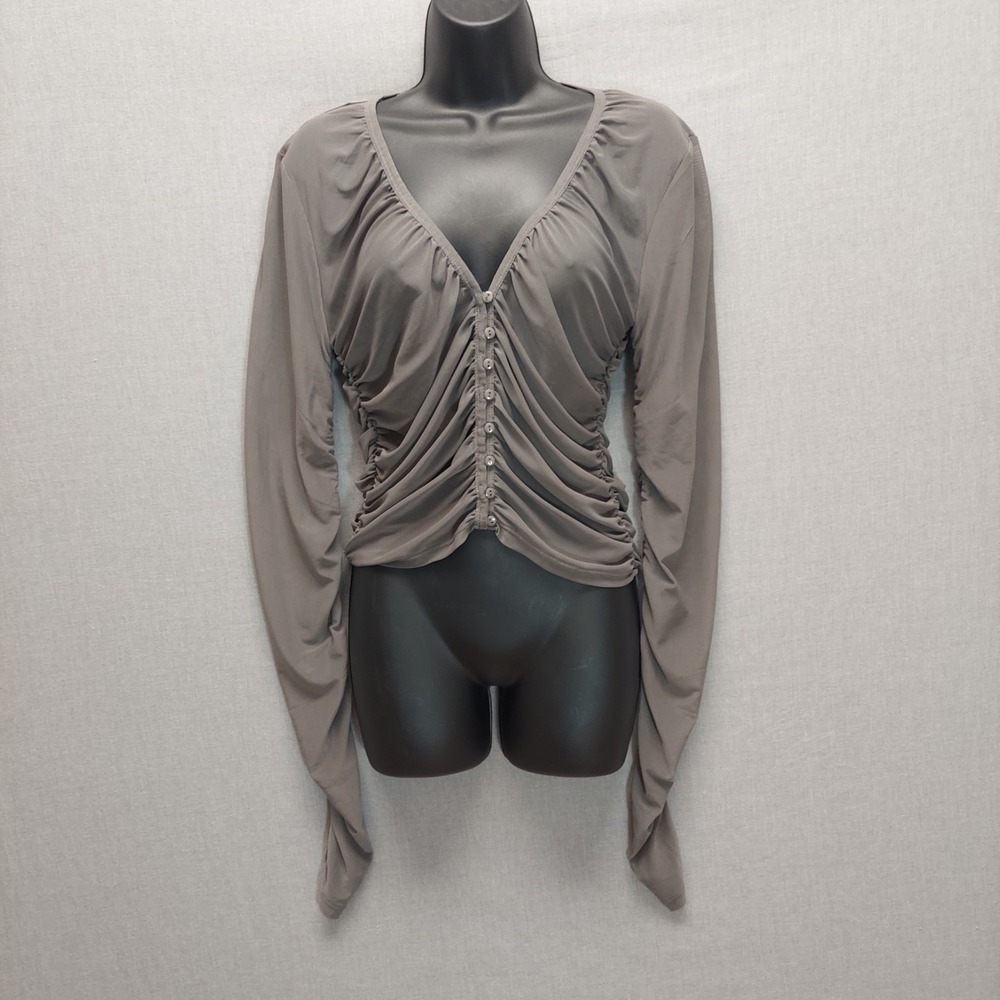 Y2K Mesh Ruched Button Front Top Women XL Gray Fairy Grunge Coquette Stretch